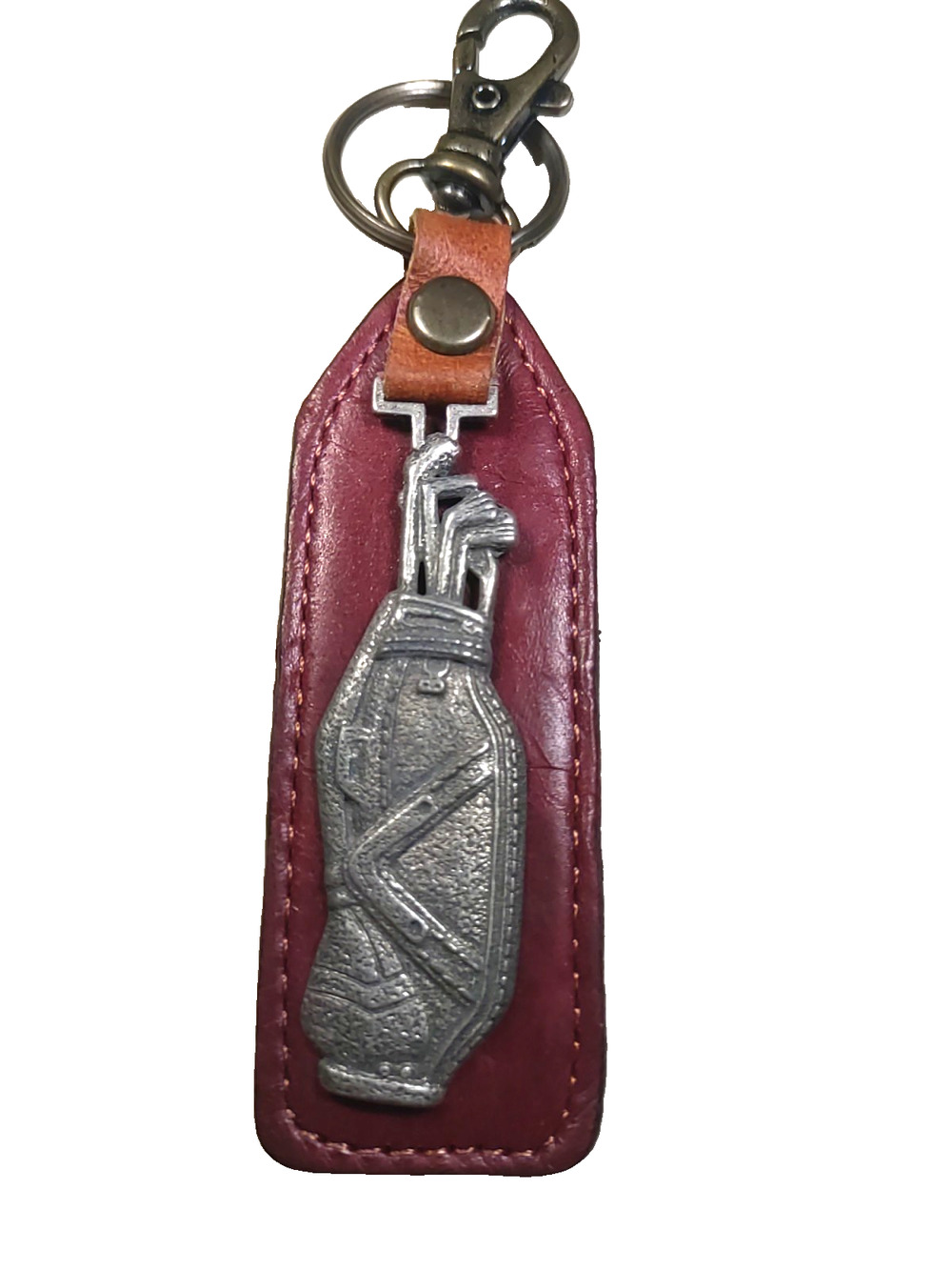 Brown Leather Keychain Pewter Golf Bad Charm Clip